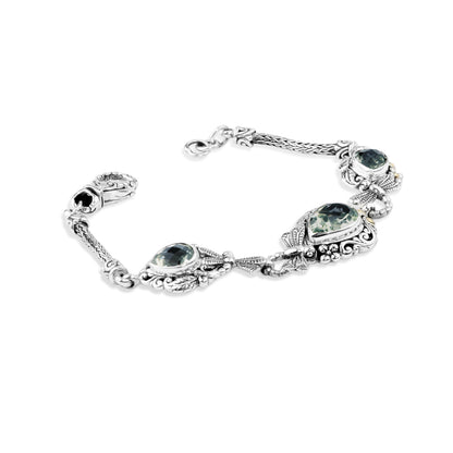 Balinese Green Amethyst Sterling Silver Bracelet with Pear-Shaped Gemstones and Dragonfly Details