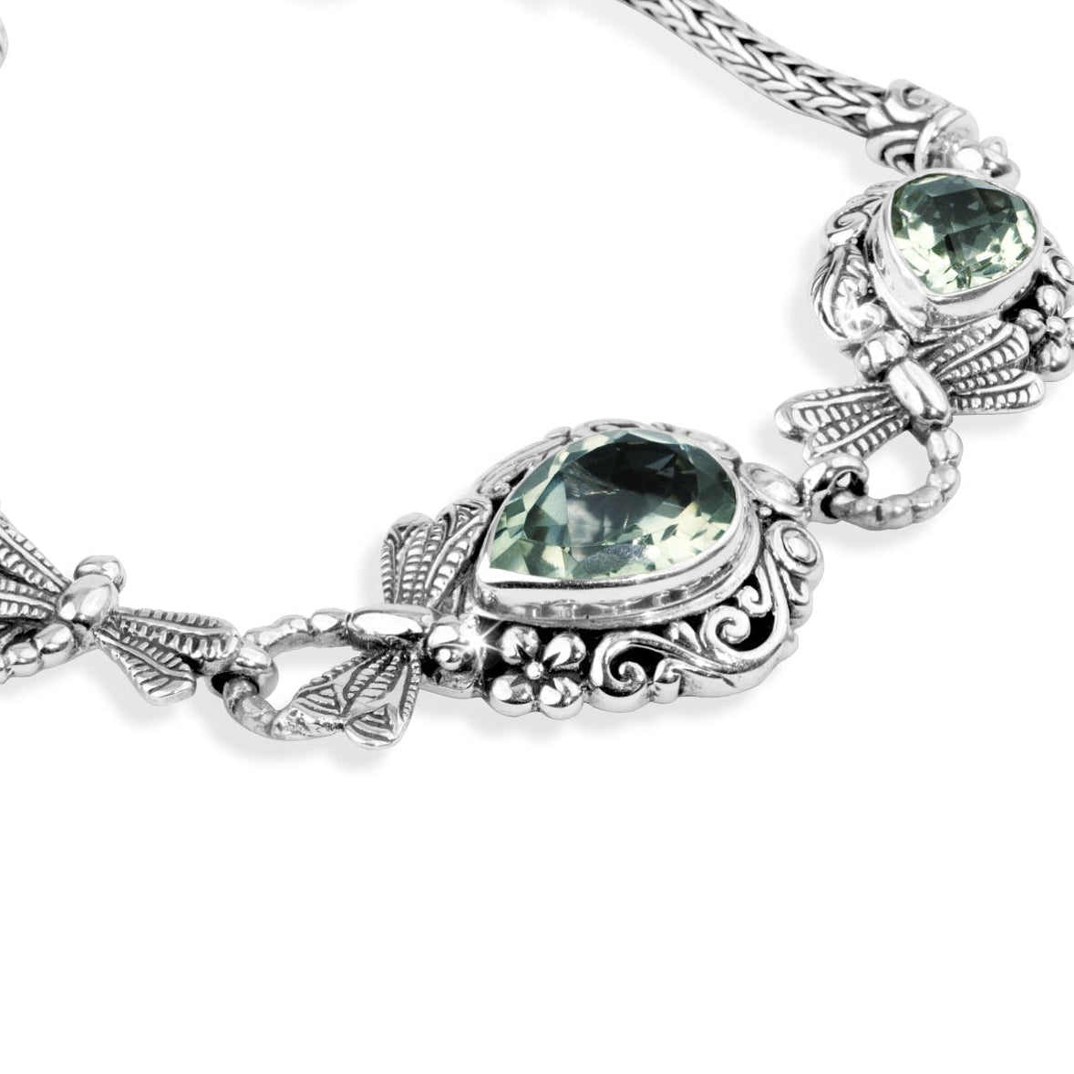 Balinese Green Amethyst Sterling Silver Bracelet with Pear-Shaped Gemstones and Dragonfly Details