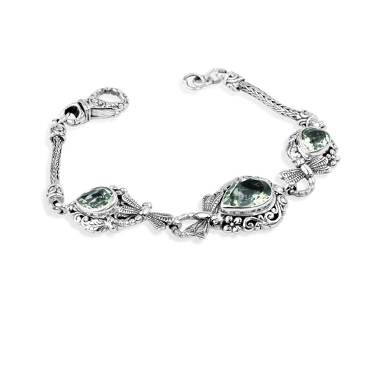 Balinese Green Amethyst Sterling Silver Bracelet with Pear-Shaped Gemstones and Dragonfly Details