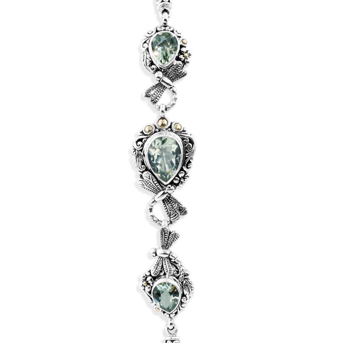 Balinese Green Amethyst Sterling Silver Bracelet with Pear-Shaped Gemstones and Dragonfly Details
