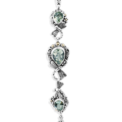 Balinese Green Amethyst Sterling Silver Bracelet with Pear-Shaped Gemstones and Dragonfly Details