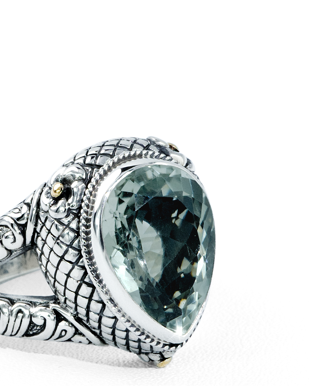 Teardrop Green Amethyst Ring with 18K Gold Accents