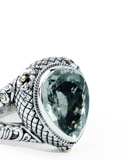 Teardrop Green Amethyst Ring with 18K Gold Accents