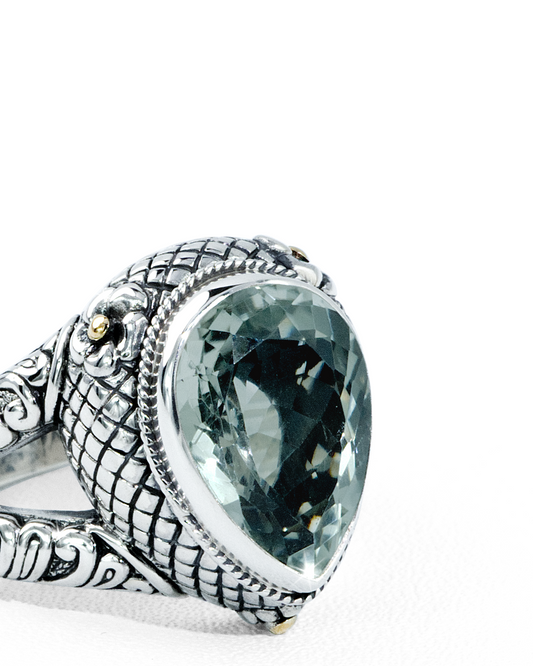 Teardrop Green Amethyst Ring with 18K Gold Accents