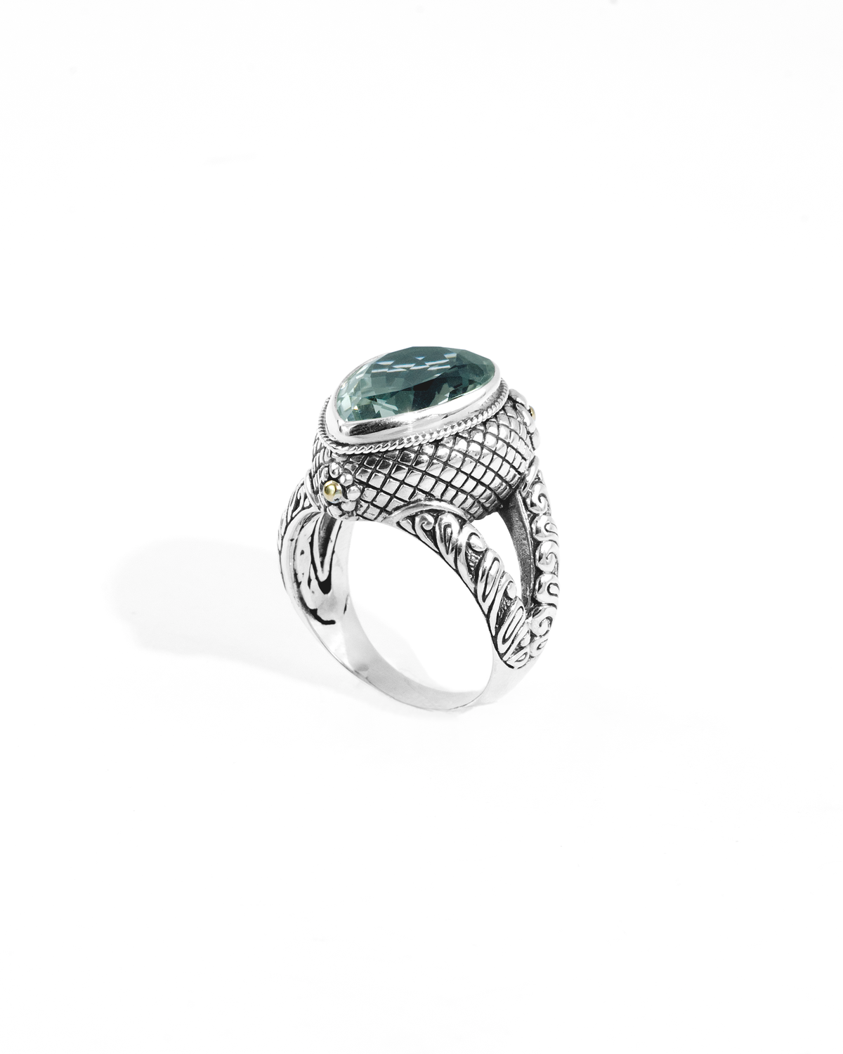 Teardrop Green Amethyst Ring with 18K Gold Accents