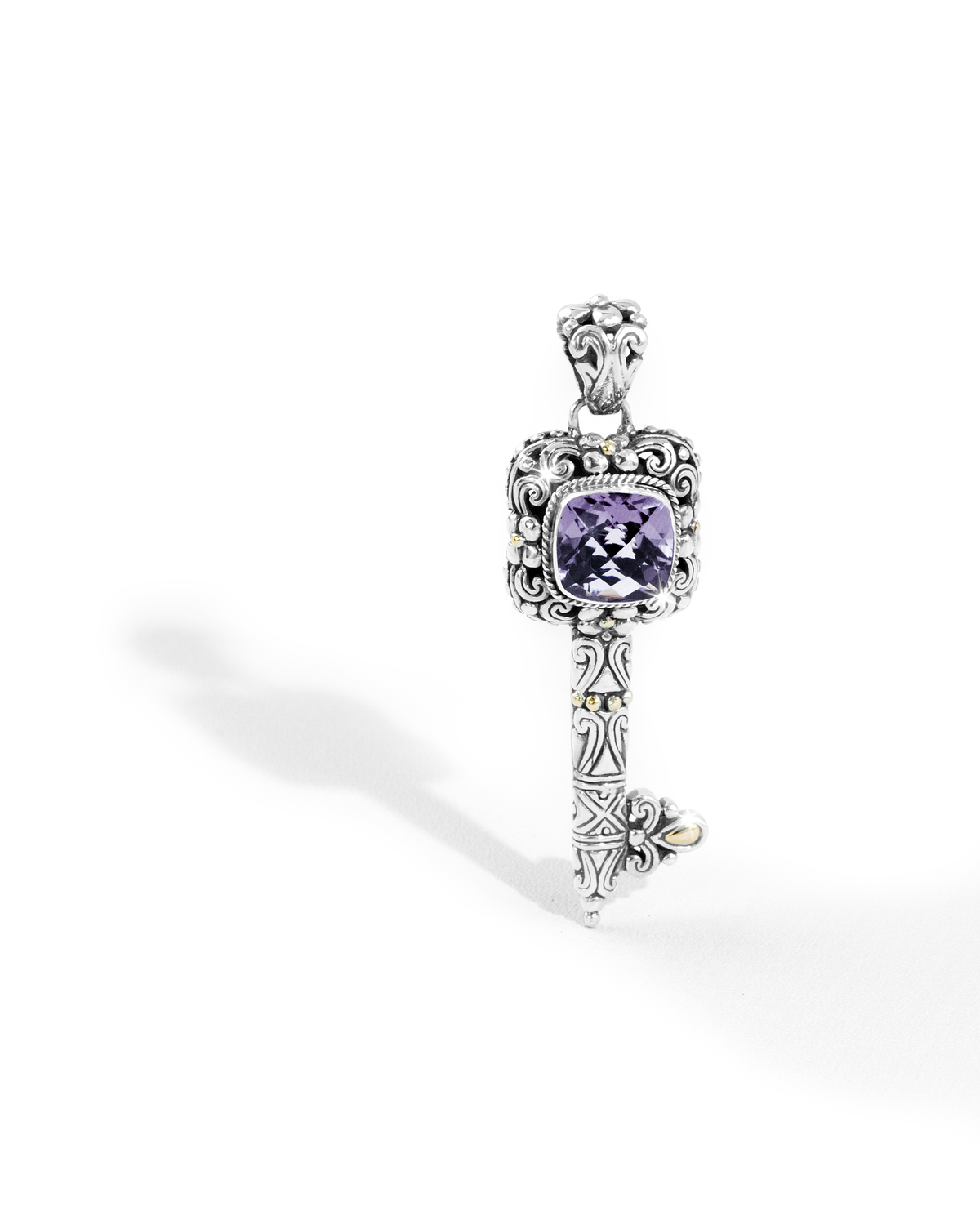 Balinese Silver Key Pendant with Amethyst & Ornate Carving with 18k gold