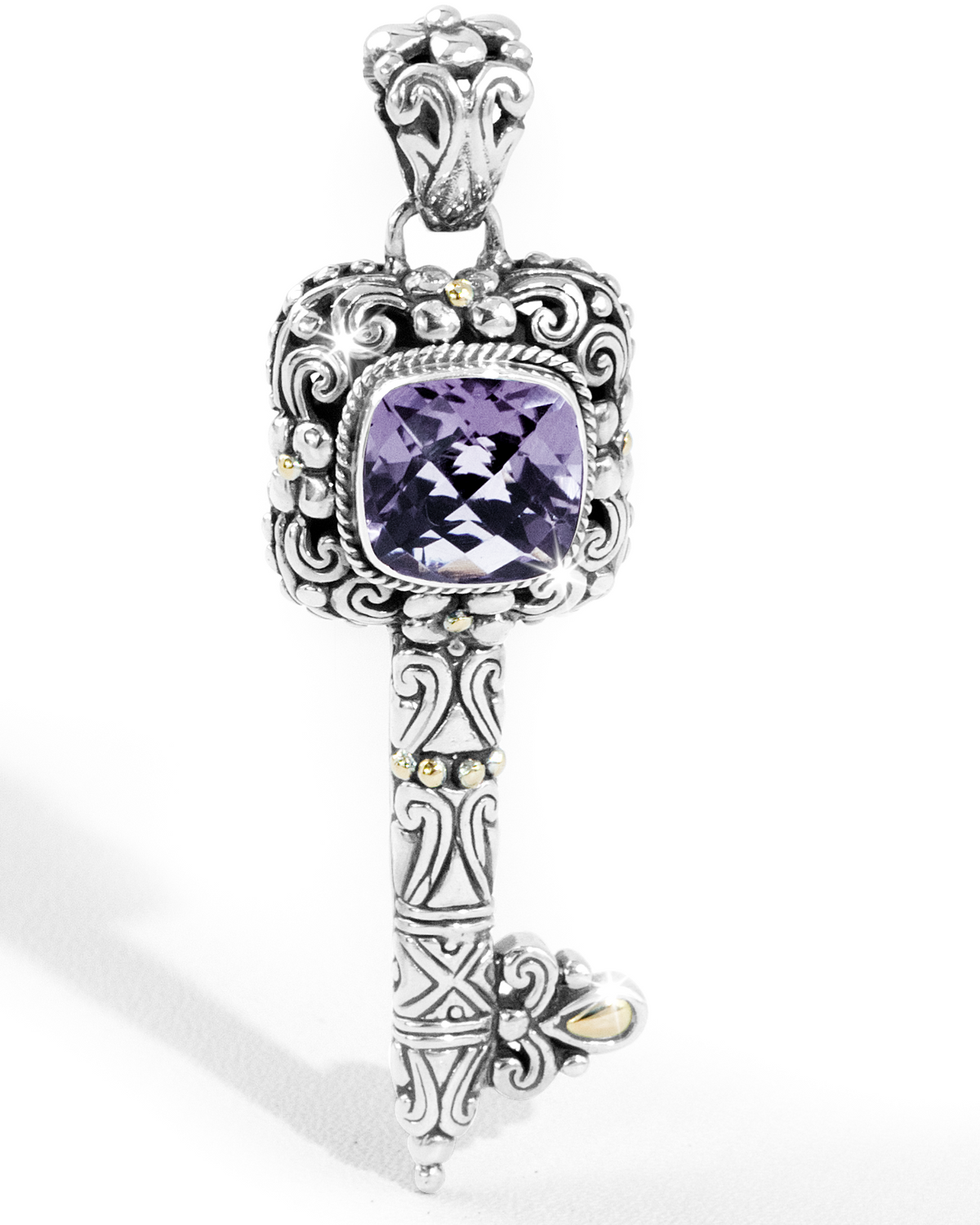 Balinese Silver Key Pendant with Amethyst & Ornate Carving with 18k gold