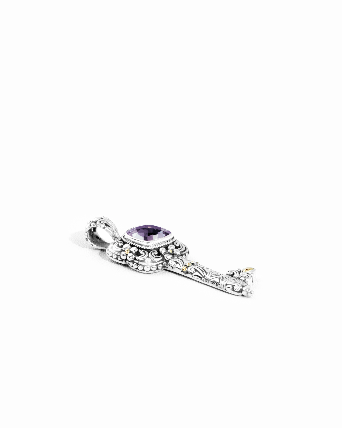 Balinese Silver Key Pendant with Amethyst & Ornate Carving with 18k gold