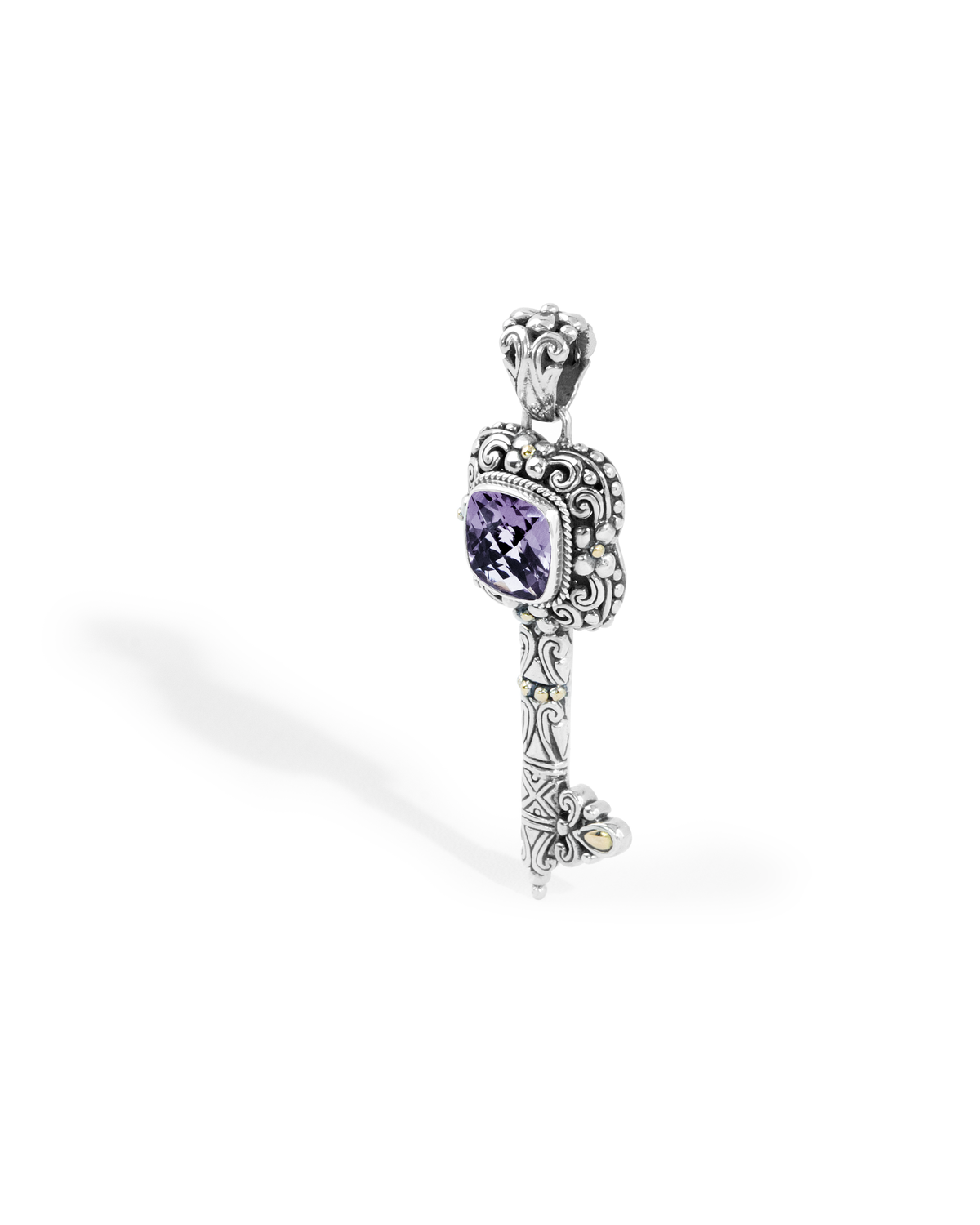 Balinese Silver Key Pendant with Amethyst & Ornate Carving with 18k gold