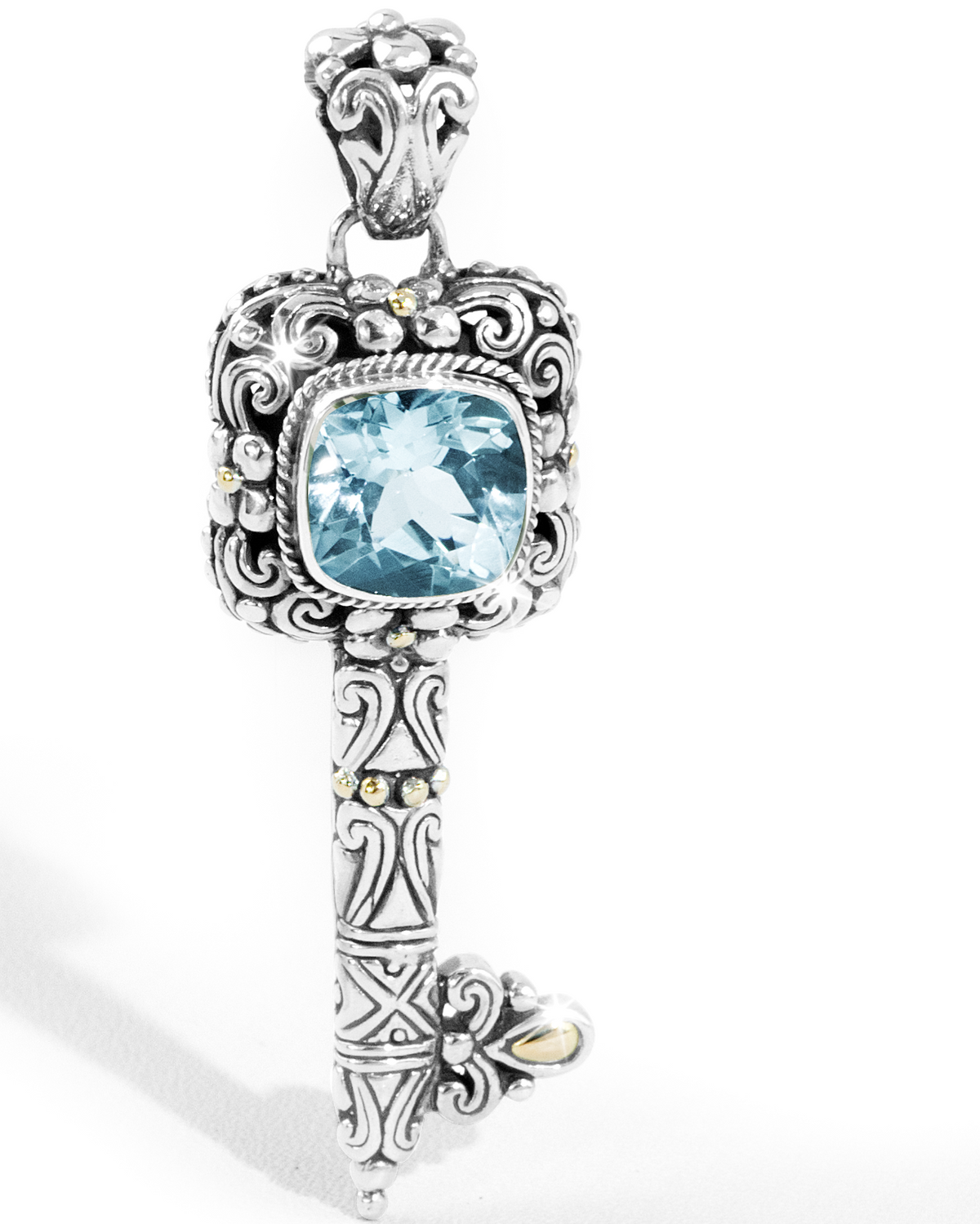 Blue Topaz Key Pendant – Vintage Sterling Silver with 18k gold
