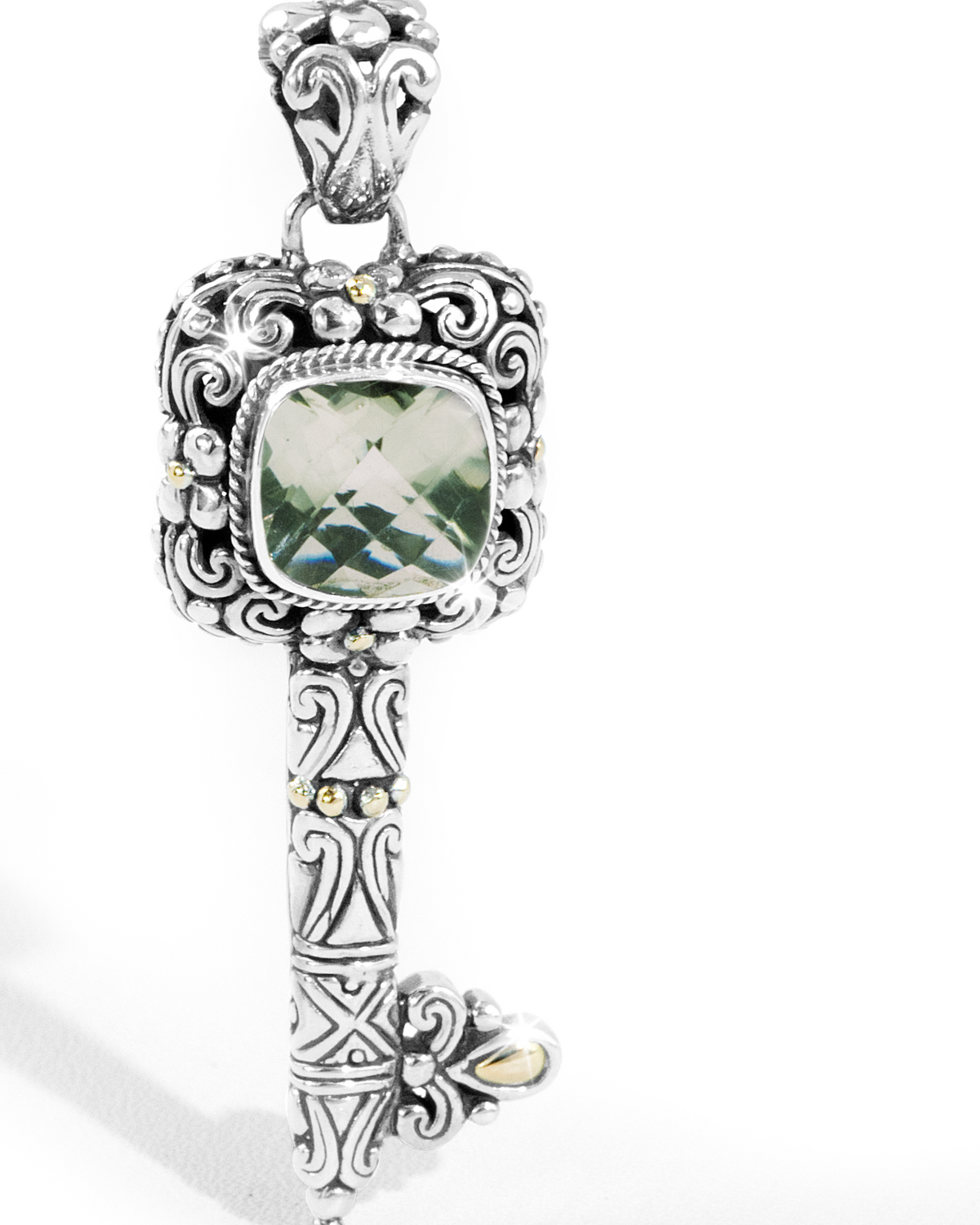 Green Amethyst Key Pendant – Vintage Sterling Silver with 18k gold