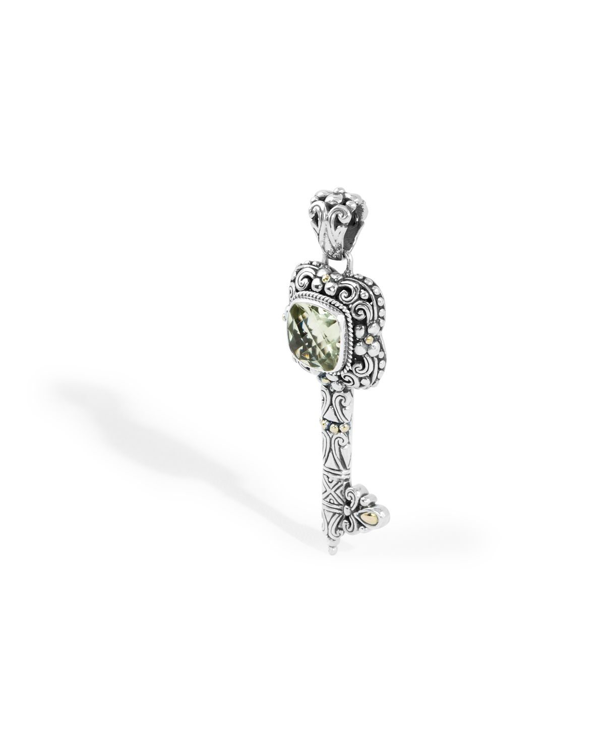 Green Amethyst Key Pendant – Vintage Sterling Silver with 18k gold