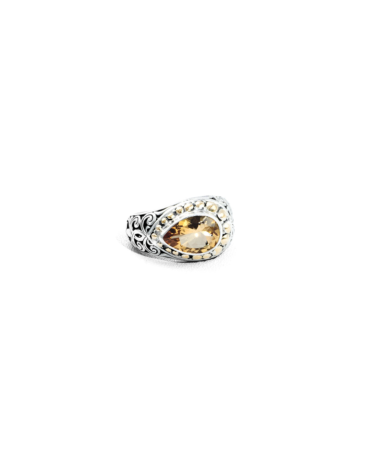 Citrine Ring with 18K Gold Bead Border and Balinese Scroll Carving