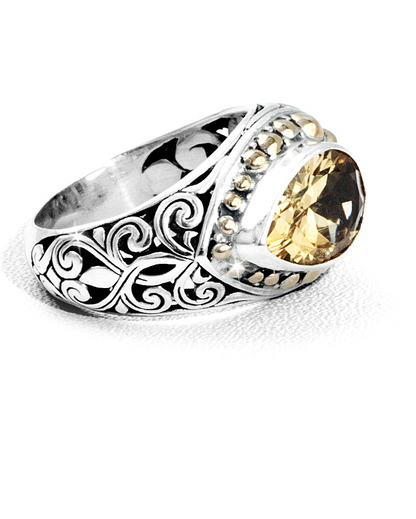 Citrine Ring with 18K Gold Bead Border and Balinese Scroll Carving