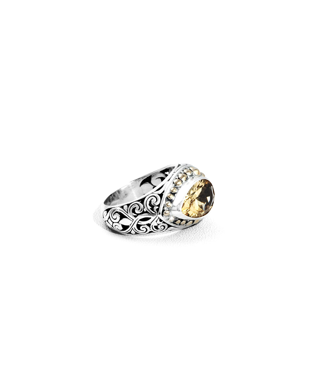 Citrine Ring with 18K Gold Bead Border and Balinese Scroll Carving