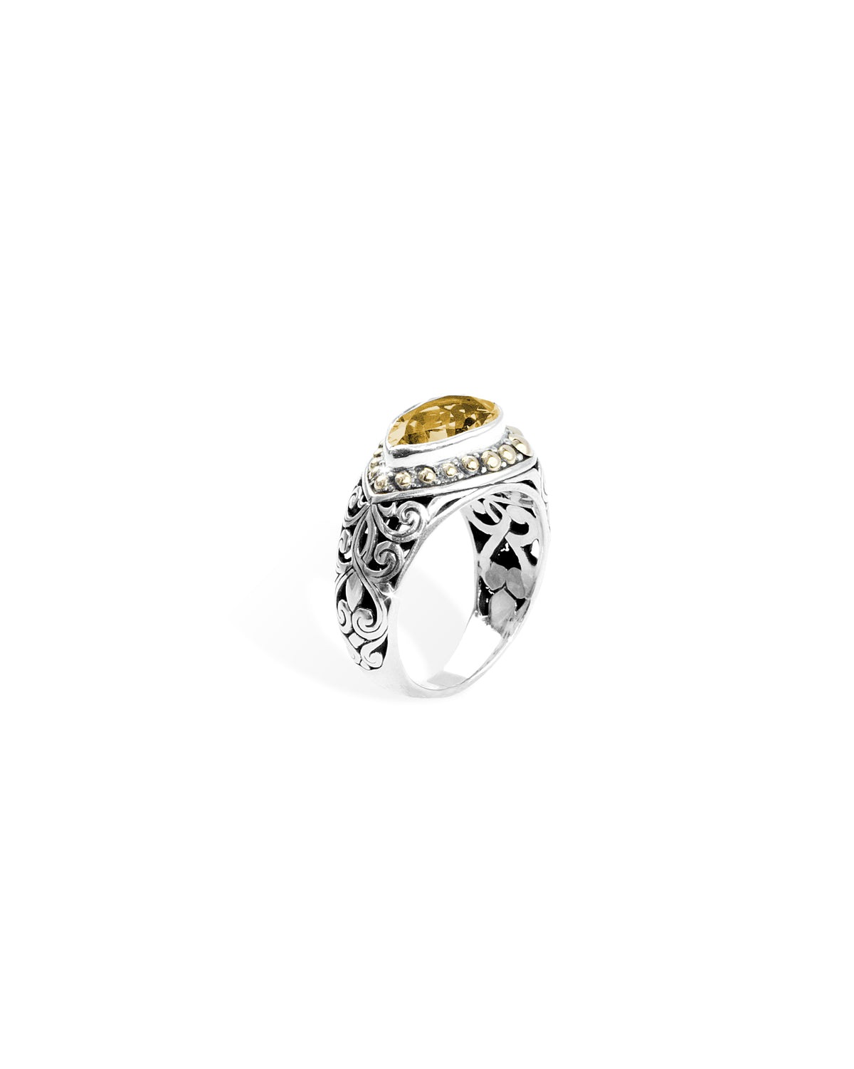 Citrine Ring with 18K Gold Bead Border and Balinese Scroll Carving