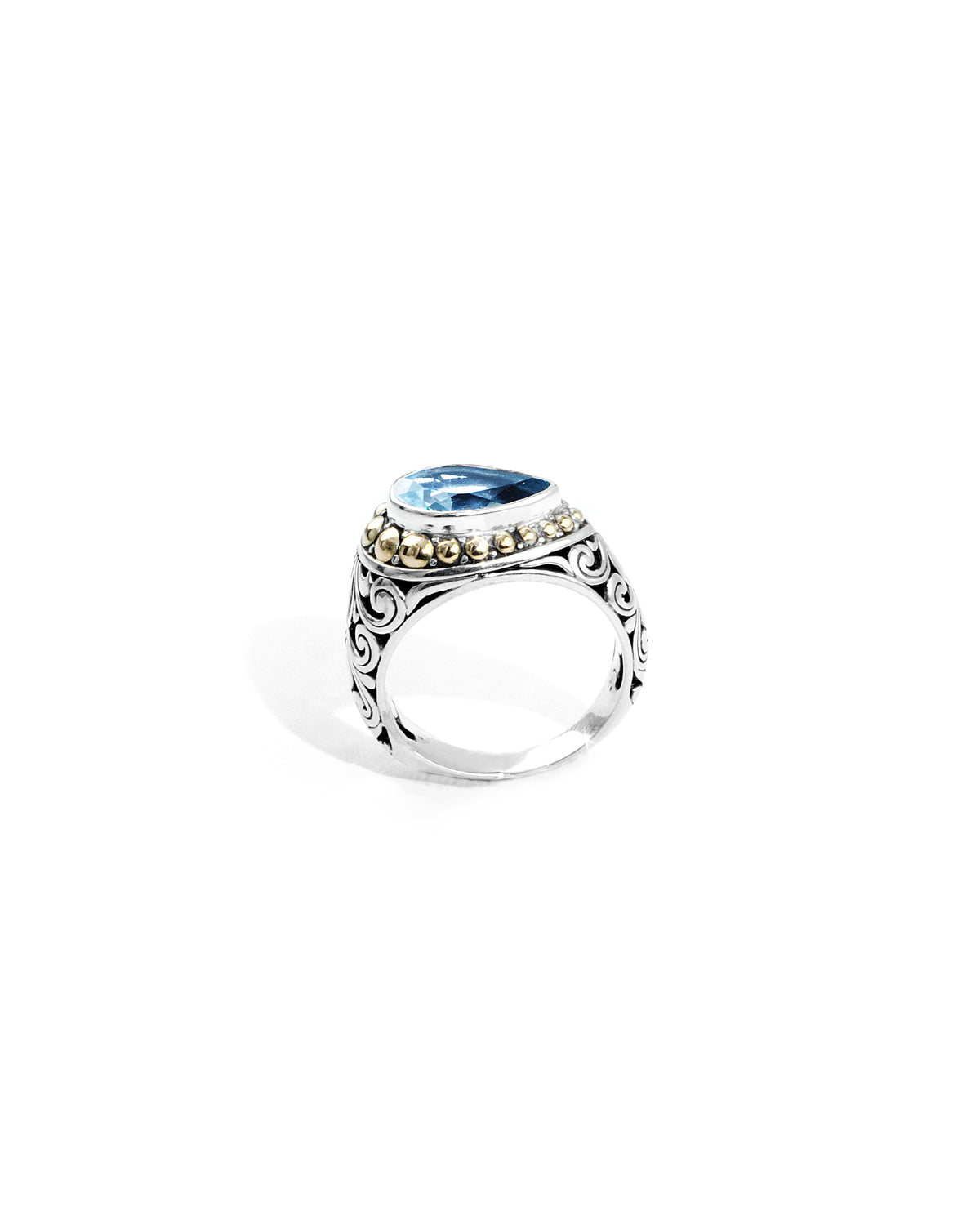 Balinese Oval Blue Topaz Ring with 18K Gold Bead Halo & Leaf Scroll Carving