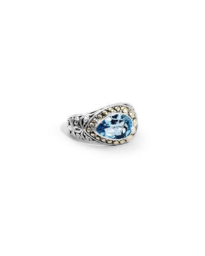Balinese Oval Blue Topaz Ring with 18K Gold Bead Halo & Leaf Scroll Carving
