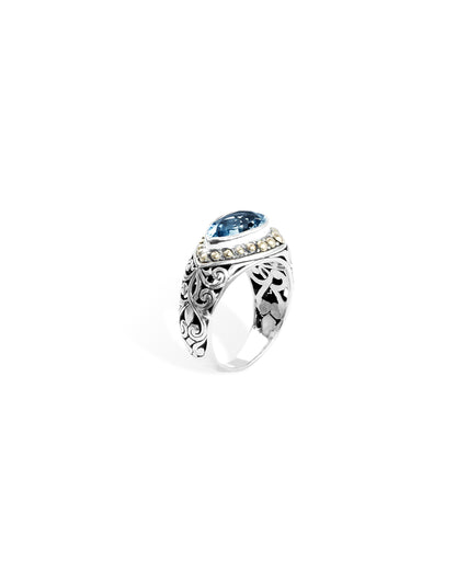 Balinese Oval Blue Topaz Ring with 18K Gold Bead Halo & Leaf Scroll Carving