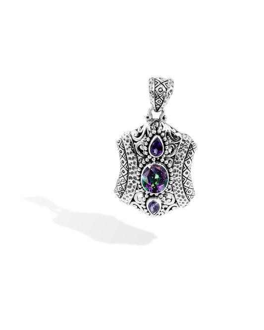 Balinese Mystic Topaz and Amethyst Sterling Silver 925 Pendant with Hammered Silver and Ornate Scrollwork