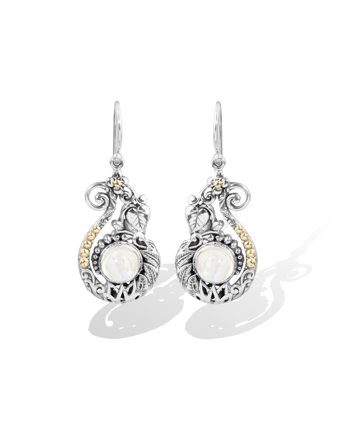 Rainbow Moonstone Balinese Sterling Silver Dangle Earrings with 18K Gold Accents