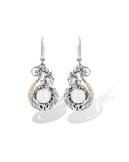 Rainbow Moonstone Balinese Sterling Silver Dangle Earrings with 18K Gold Accents