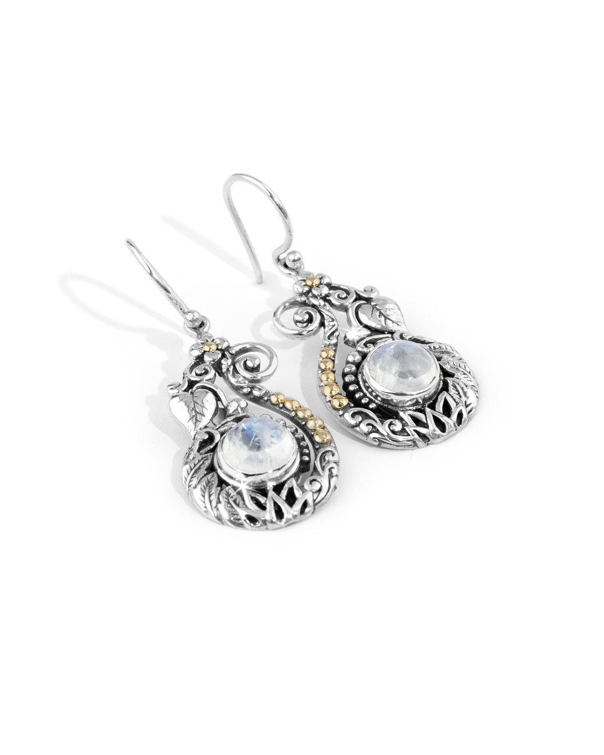 Rainbow Moonstone Balinese Sterling Silver Dangle Earrings with 18K Gold Accents