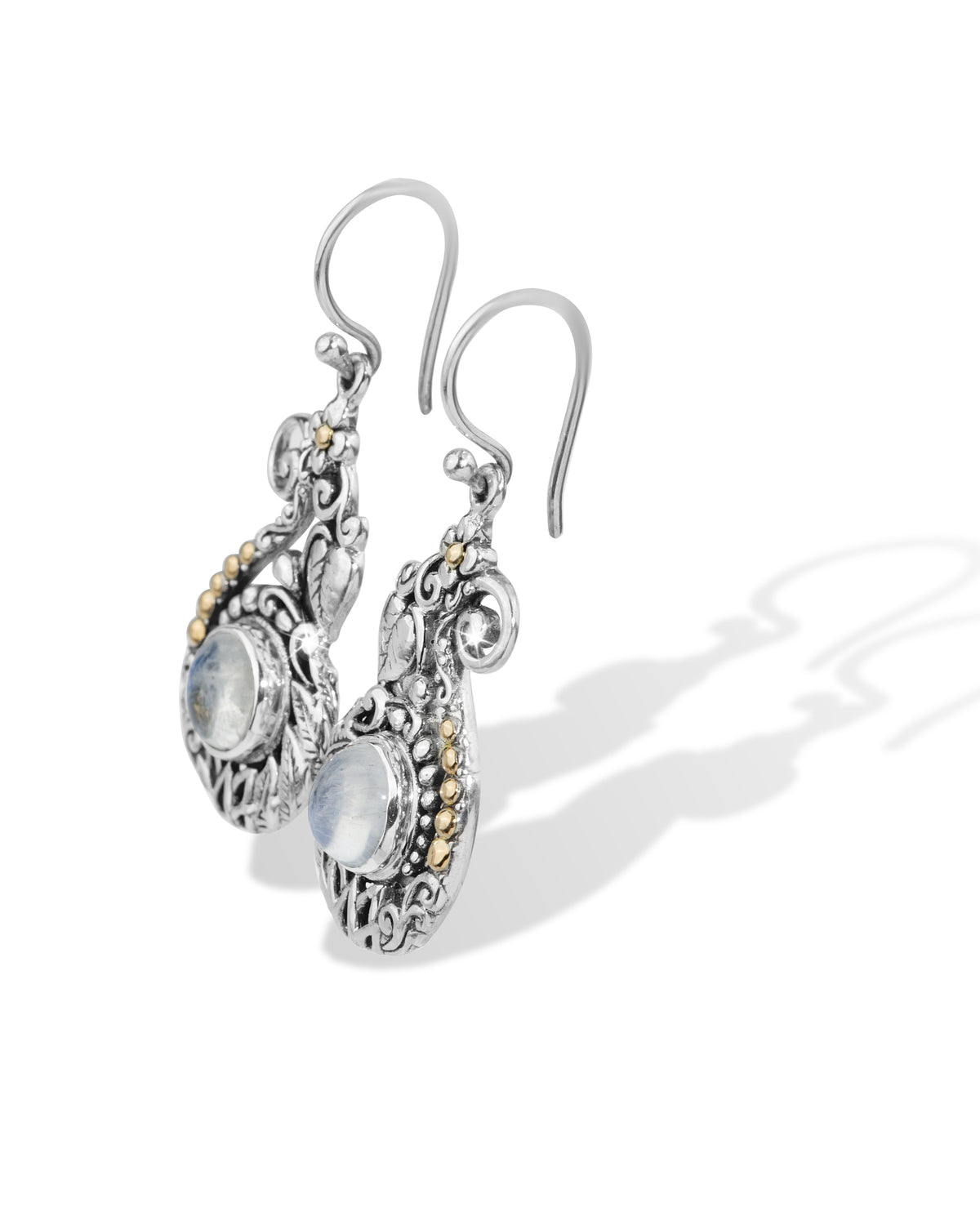 Rainbow Moonstone Balinese Sterling Silver Dangle Earrings with 18K Gold Accents