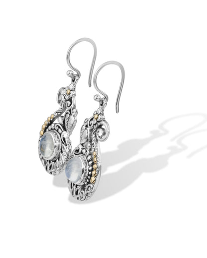 Rainbow Moonstone Balinese Sterling Silver Dangle Earrings with 18K Gold Accents