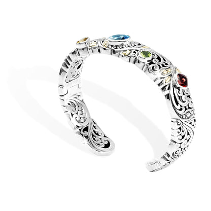 Ornate Silver-Tone Open Cuff Bracelet with Colorful Gemstone Accents Product Description