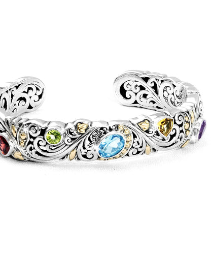 Ornate Silver-Tone Open Cuff Bracelet with Colorful Gemstone Accents Product Description