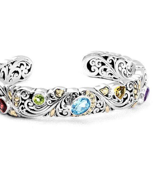 Ornate Silver-Tone Open Cuff Bracelet with Colorful Gemstone Accents Product Description