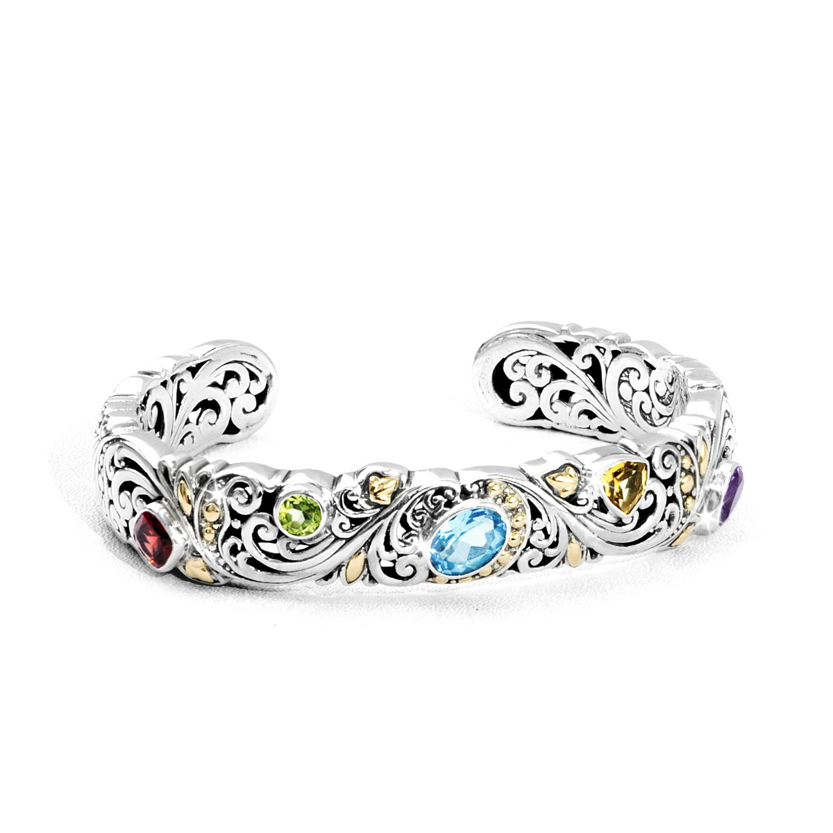 Ornate Silver-Tone Open Cuff Bracelet with Colorful Gemstone Accents Product Description