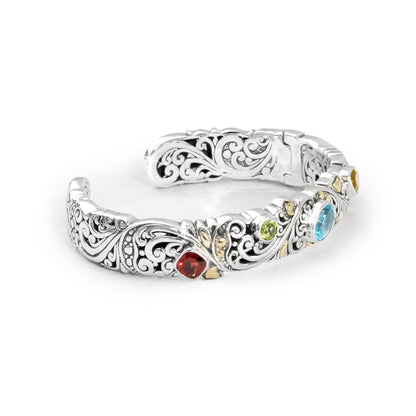Ornate Silver-Tone Open Cuff Bracelet with Colorful Gemstone Accents Product Description