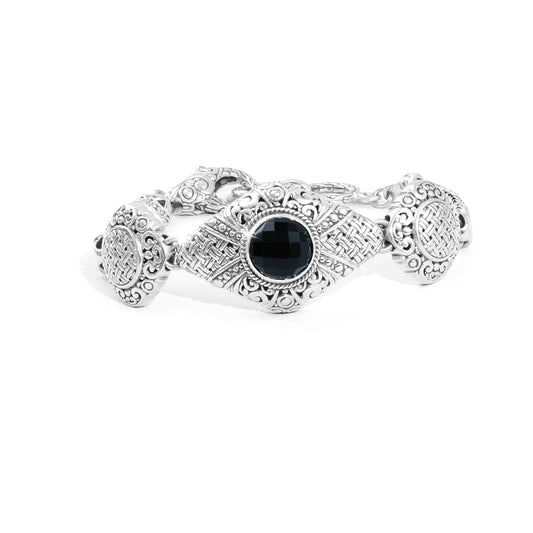 Faceted Black Onyx Balinese Silver Chain Bracelet with Ornate Scrollwork