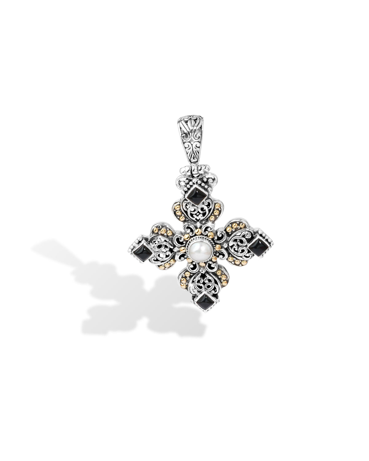 Black Onyx & Pearl Balinese Sterling Silver Cross Pendant with 18K Gold Accents