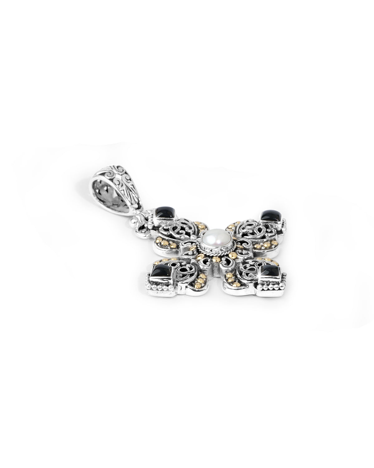 Black Onyx & Pearl Balinese Sterling Silver Cross Pendant with 18K Gold Accents
