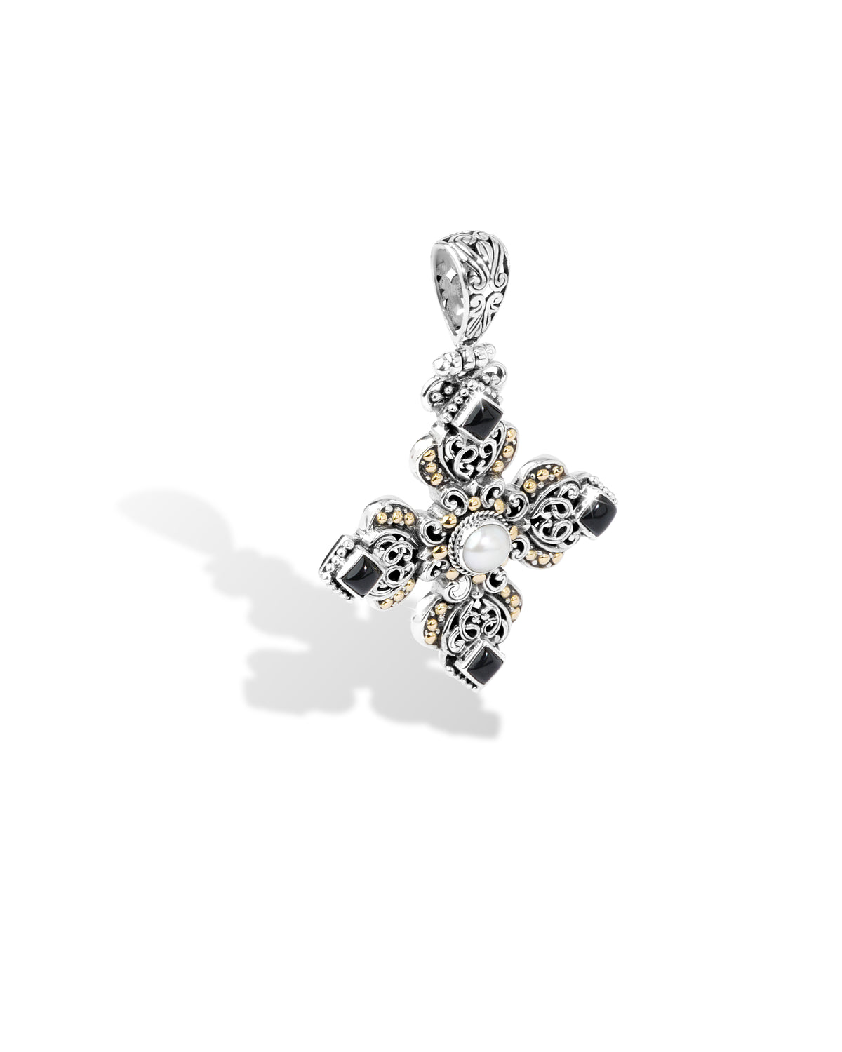 Black Onyx & Pearl Balinese Sterling Silver Cross Pendant with 18K Gold Accents