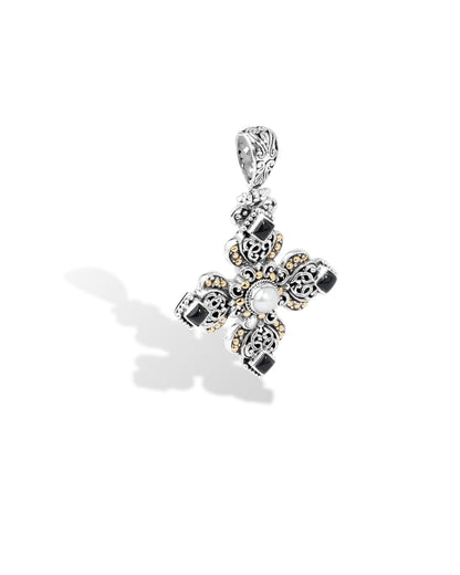 Black Onyx & Pearl Balinese Sterling Silver Cross Pendant with 18K Gold Accents