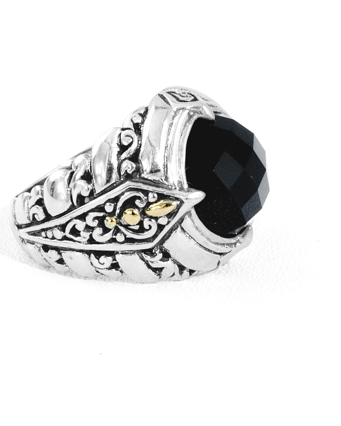 Balinese Silver Ring with Black Onyx and 18K Gold Accents