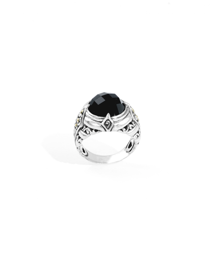 Balinese Silver Ring with Black Onyx and 18K Gold Accents
