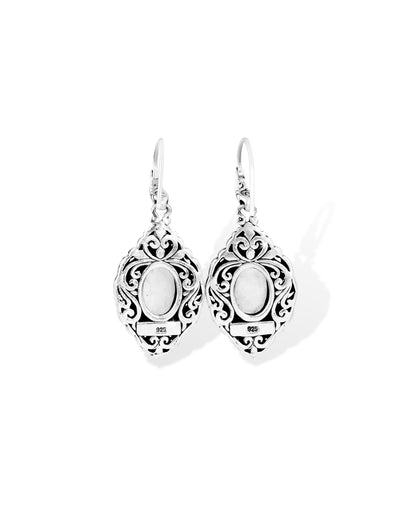Balinese Rainbow Moonstone Sterling Silver Dangle Earrings with Ornate Floral Scrollwork