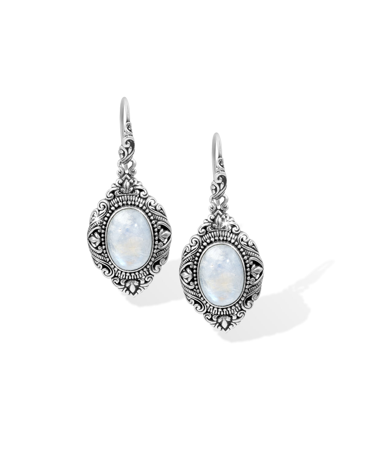 Balinese Rainbow Moonstone Sterling Silver Dangle Earrings with Ornate Floral Scrollwork