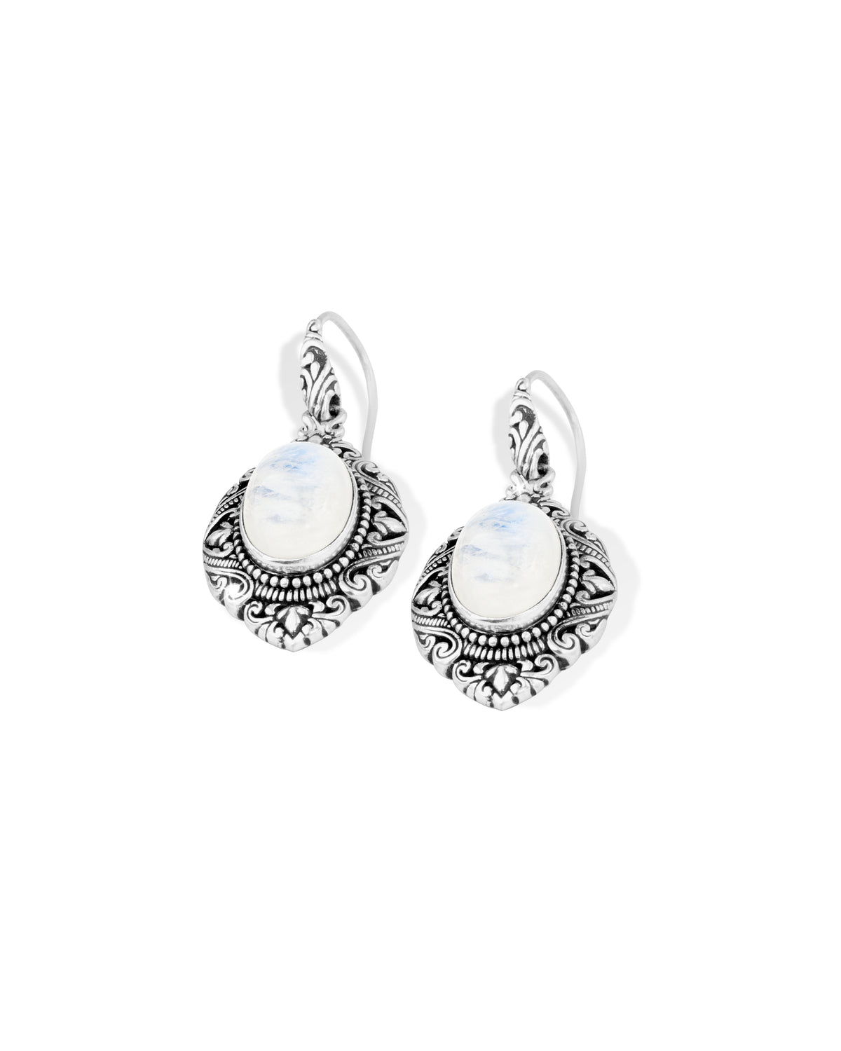 Balinese Rainbow Moonstone Sterling Silver Dangle Earrings with Ornate Floral Scrollwork