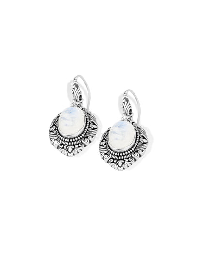 Balinese Rainbow Moonstone Sterling Silver Dangle Earrings with Ornate Floral Scrollwork