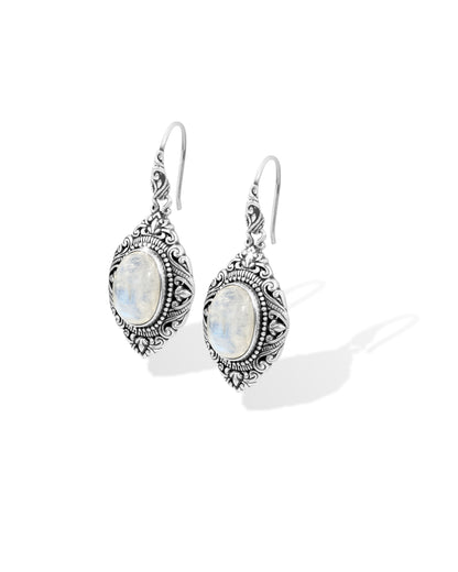 Balinese Rainbow Moonstone Sterling Silver Dangle Earrings with Ornate Floral Scrollwork
