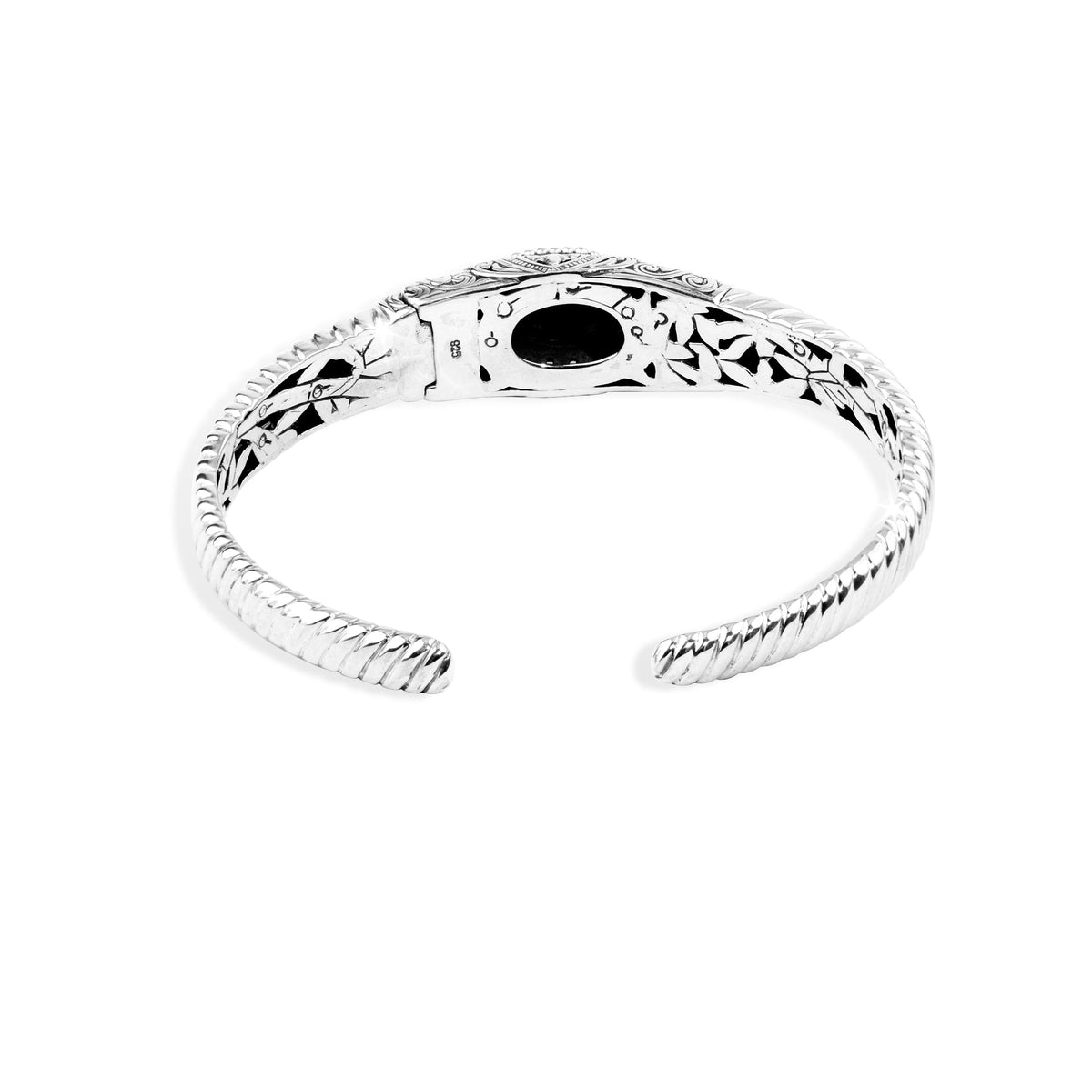 Balinese Oval Pearl Sterling Silver Cuff Bracelet with Ornate Scrollwork