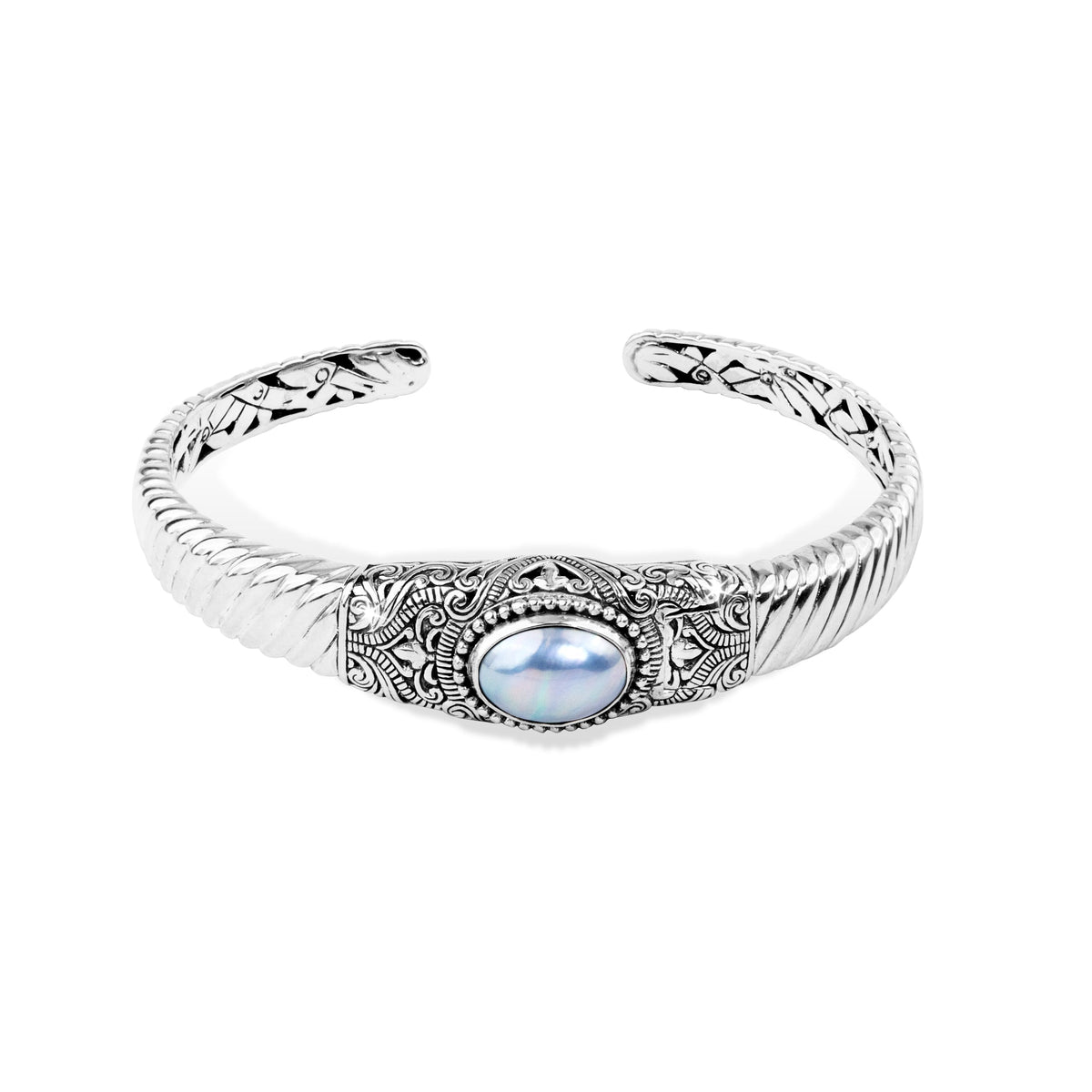 Balinese Oval Pearl Sterling Silver Cuff Bracelet with Ornate Scrollwork