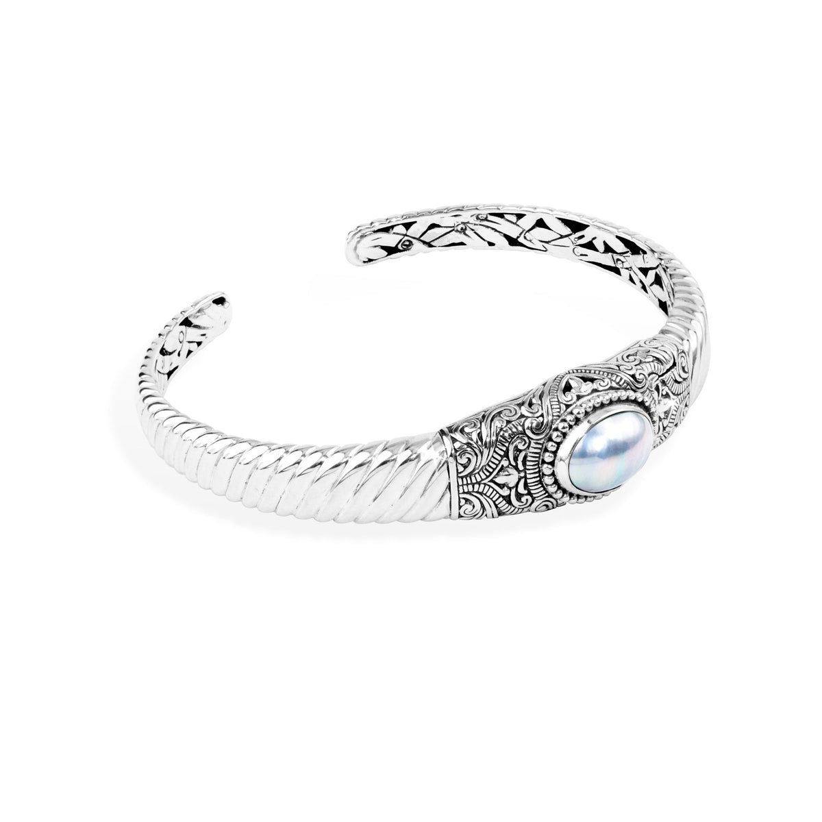 Balinese Oval Pearl Sterling Silver Cuff Bracelet with Ornate Scrollwork