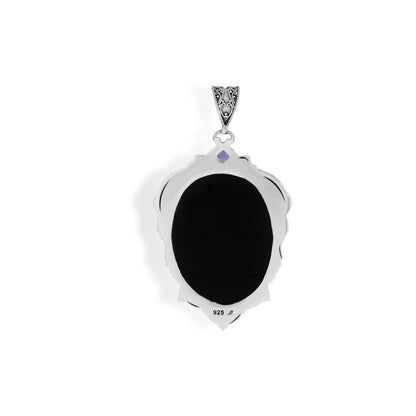 Handcrafted Sterling Silver Abalone Shell Pendant with Purple Amethyst & Ornate Scrollwork